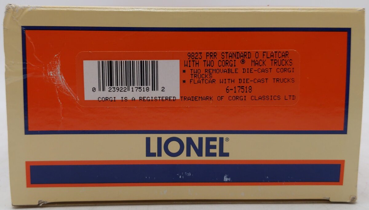 Lionel 6-17518 O Gauge Pennsylvania Flatcar with 2 Corgi Mack AEC Trucks #9823 EX/Box