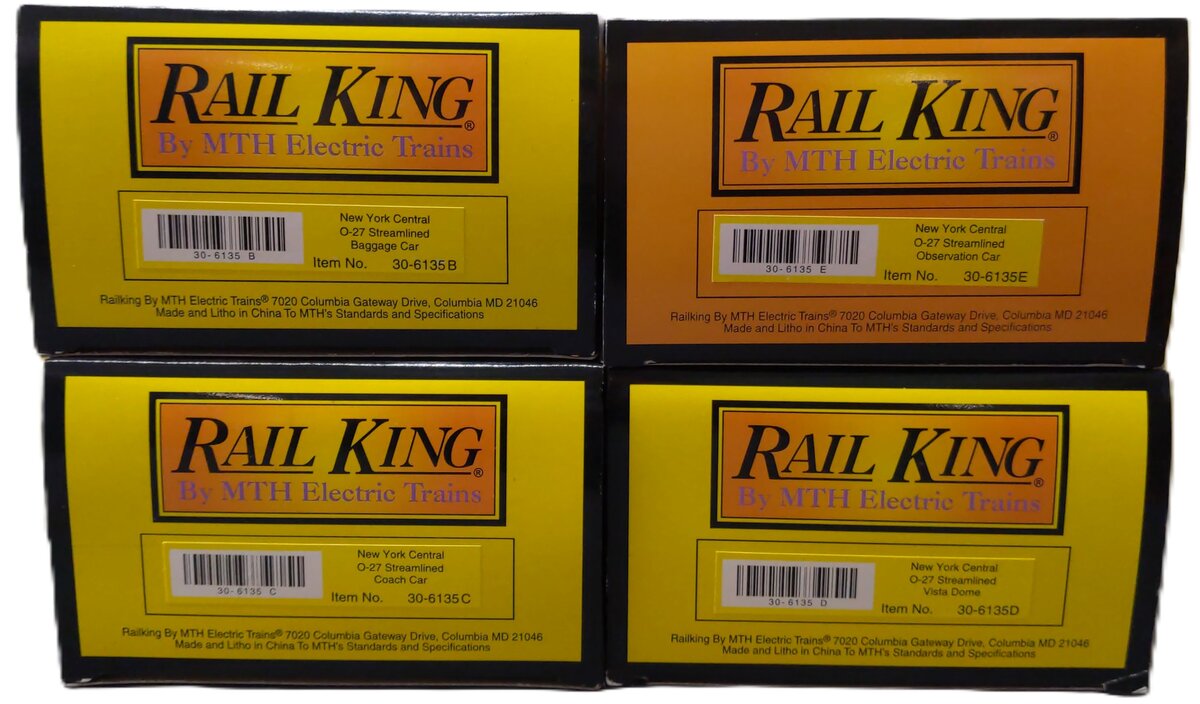 MTH 30-6135 O New York Central O-27 Streamlined Passenger Car Set (Set of 4) LN/Box