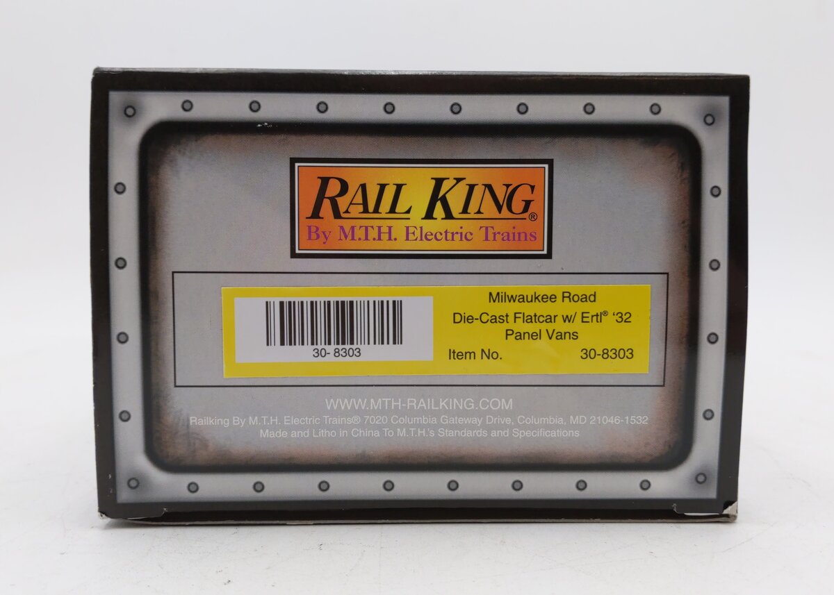 MTH 30-8303 O Gauge Milwaukee Road Die-Cast Flatcar w/Ertl '32 Panel Vans LN/Box