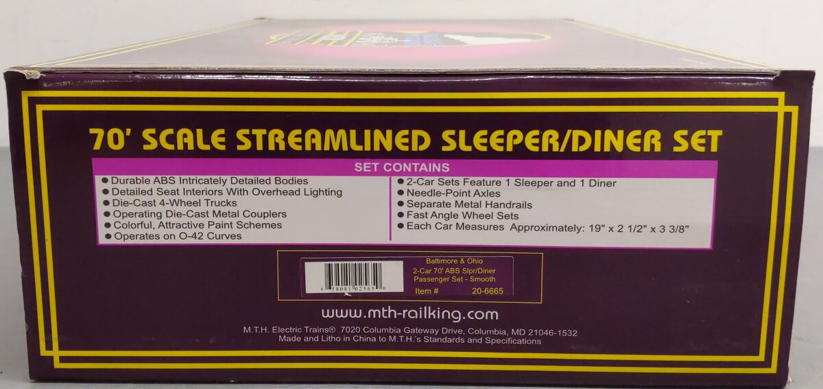 MTH 20-6665 O B&O 70' Streamlined Sleeper/Diner Passenger Car Set (Set of 2) EX/Box