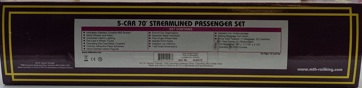 MTH 20-65170 O Santa Fe Premier 70' Streamlined Passenger Car Set (Set of 5)