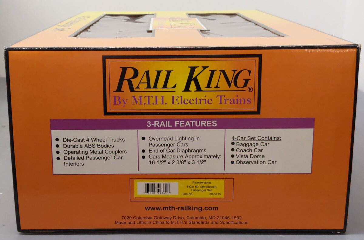 MTH 30-6715 O PRR 60' Streamlined ABS Smooth Sided Passenger Set (Set of 4) LN/Box