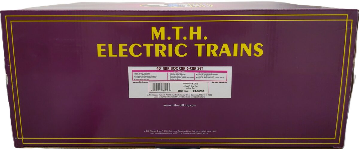 MTH 20-90632 O Gauge Baltimore & Ohio 40' AAR Boxcar Set (6) LN/Box
