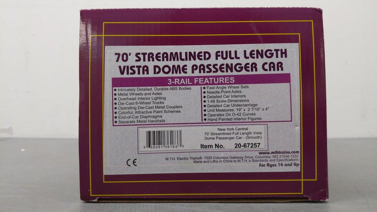 MTH 20-67257 O Gauge New York Central "Marion Heights" Vista Dome Passenger Car EX/Box