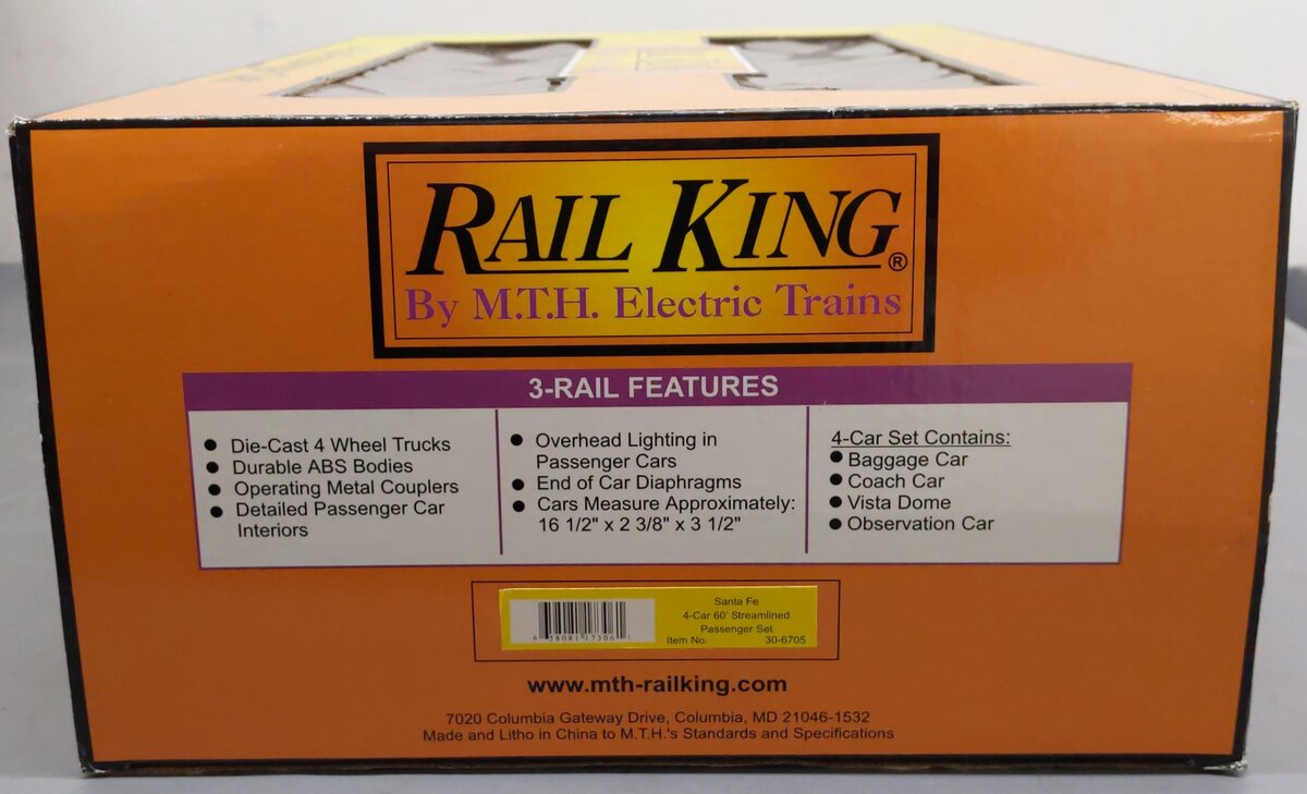 MTH 30-6705 O Santa Fe 60' Streamlined Passenger Car Set (Set of 4) EX/Box
