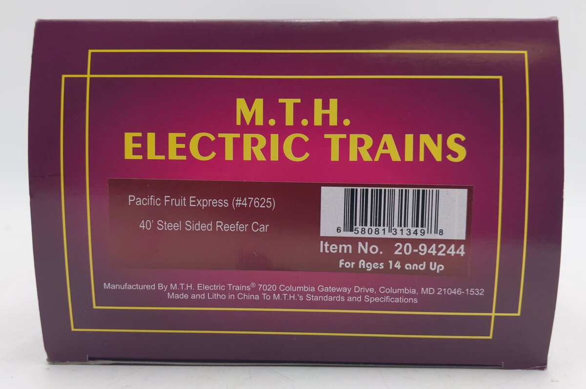 MTH 20-94244 O-Gauge Pacific Fruit Express 40' Steel Sided Reefer Car #47629
