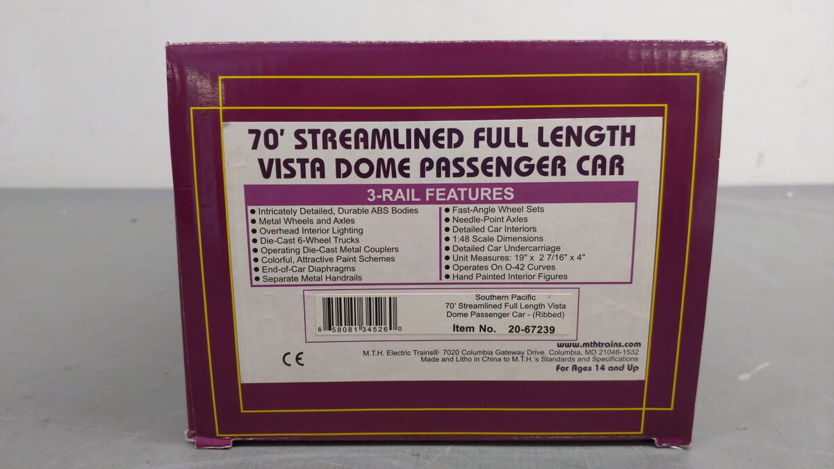 MTH 20-67239 O Southern Pacific 70' ABS Full Length Vista Dome Passenger Car EX/Box