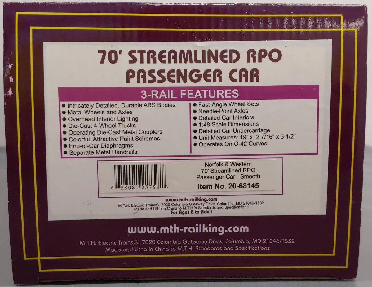 MTH 20-68145 O Norfolk & Western 70’ ABS RPO Passenger Car (Smooth) LN/Box