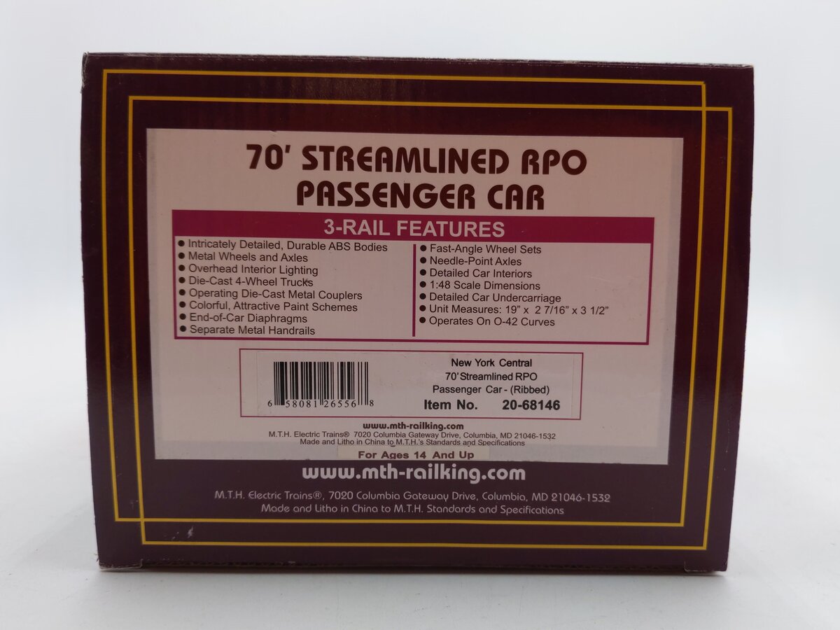MTH 20-68146 O Gauge New York Central 70' RPO Passenger Car (Ribbed) EX/Box