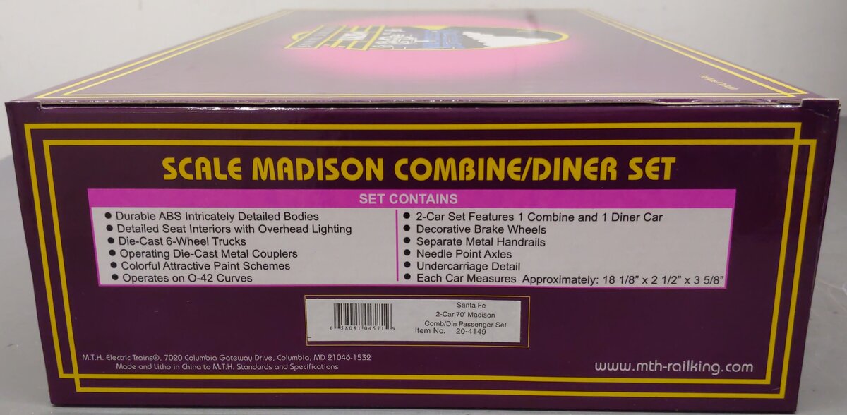 MTH 20-4149 O ATSF 70' Madison Combine/Diner Passenger Set (Set of 2) LN/Box
