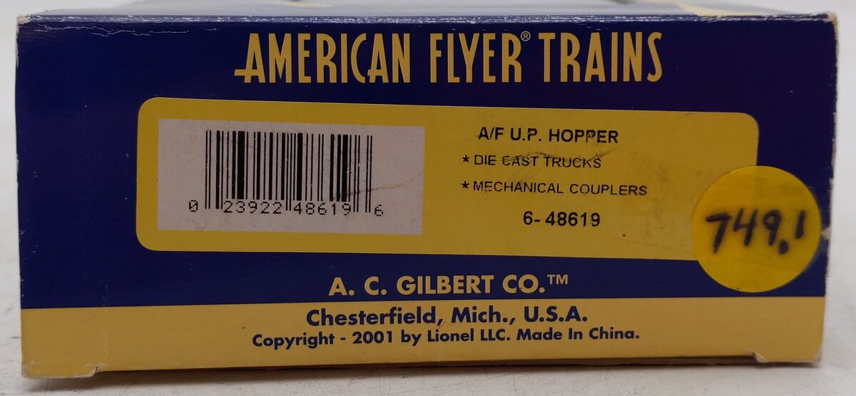 American Flyer 6-48619 S Scale Union Pacific Covered Hopper w/ Coal Load #40894 EX/Box