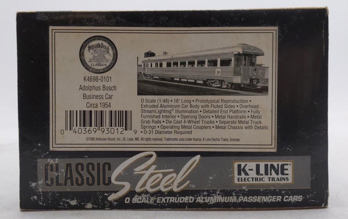 K-Line K4698-0101 O Gauge Busch "Adolphus" 16" Aluminum Business Observation Car EX/Box