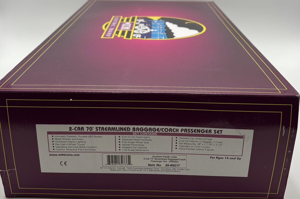 MTH 20-69217 O SP 70' Streamlined Baggage/Coach 2-Car Passenger Set (Set of 2) LN/Box