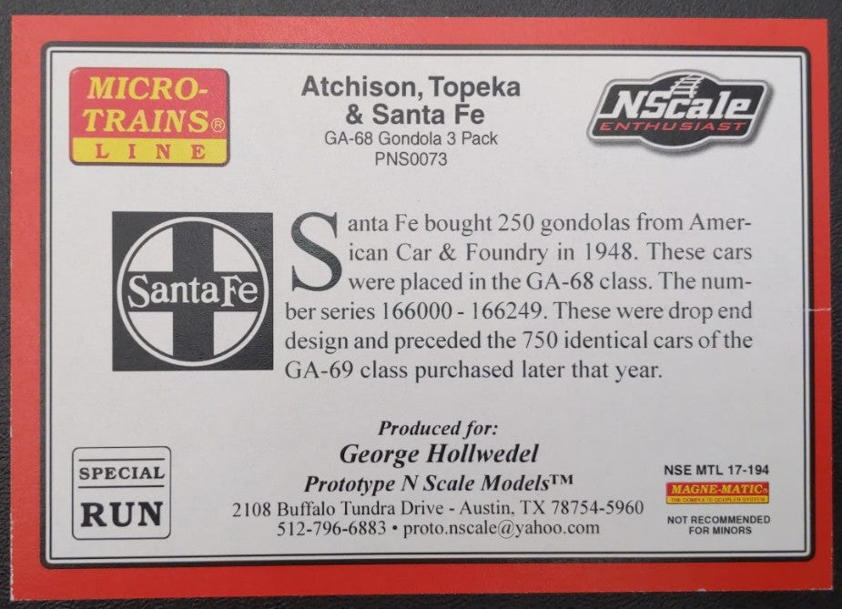 Micro-Trains PNS0073 N Scale Santa Fe (ATSF) GA-68 Gondola 3 Pack LN/Box