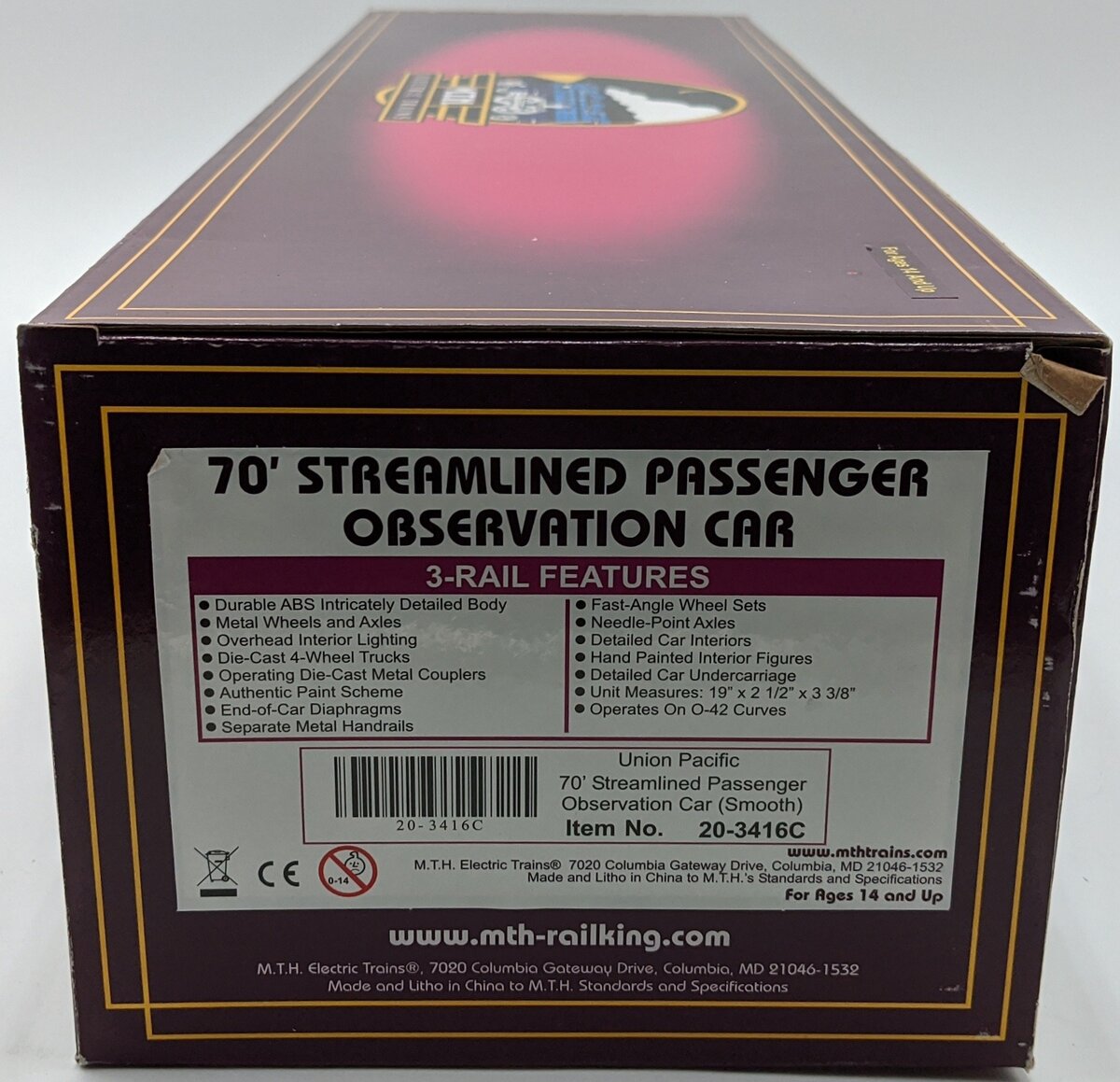MTH 20-3146C O 70' Streamlined Passenger Observation Car (Smooth) NIB