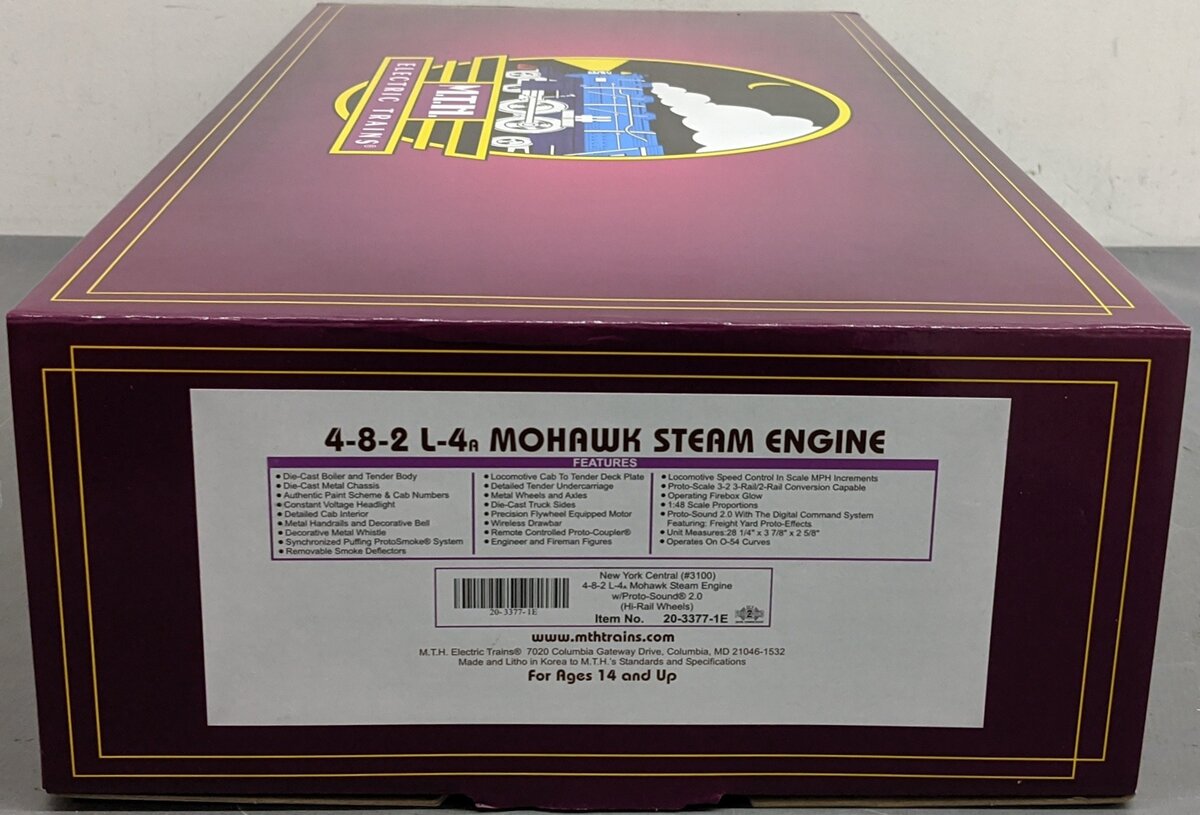 MTH 20-3377-1E O 4-8-2 L-4A Mohawk Steam Engine #3100 W/ Proto-sound2.0 NIB