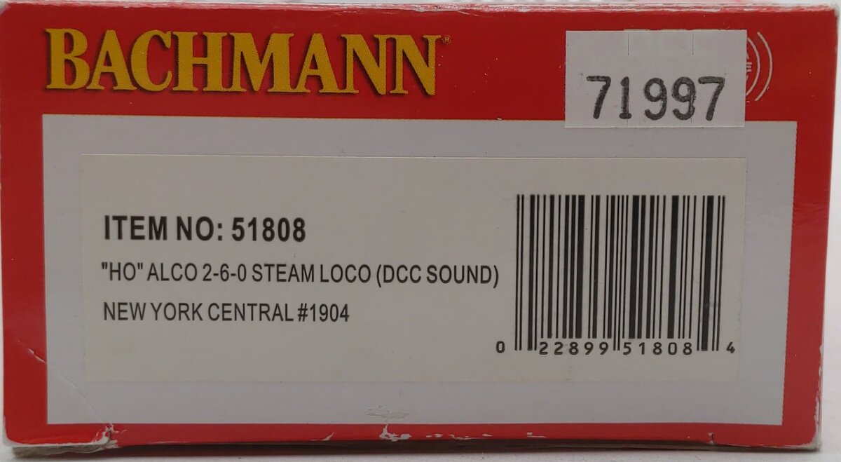 Bachmann 51808 HO New York Central Alco 2-6-0 Steam Loco w/Sound & DCC #1904 LN/Box