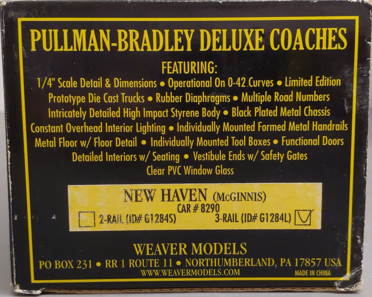Weaver G1284L O New Haven Pullman-Bradley Deluxe Passenger Coach #8290 (3-Rail) LN/Box