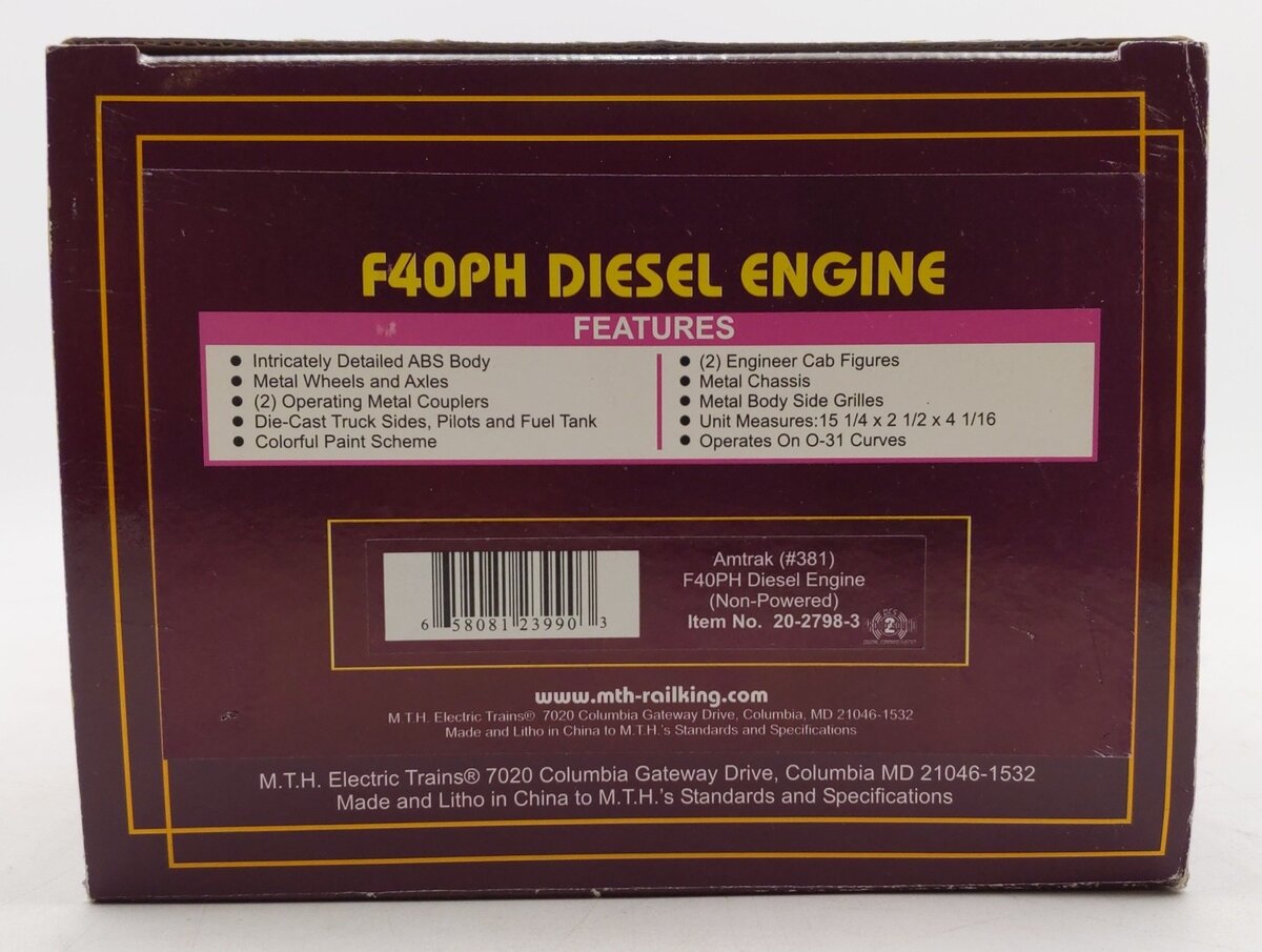 MTH 20-2798-3 Amtrak F40PH Non-Powered Diesel Engine #381 LN/Box
