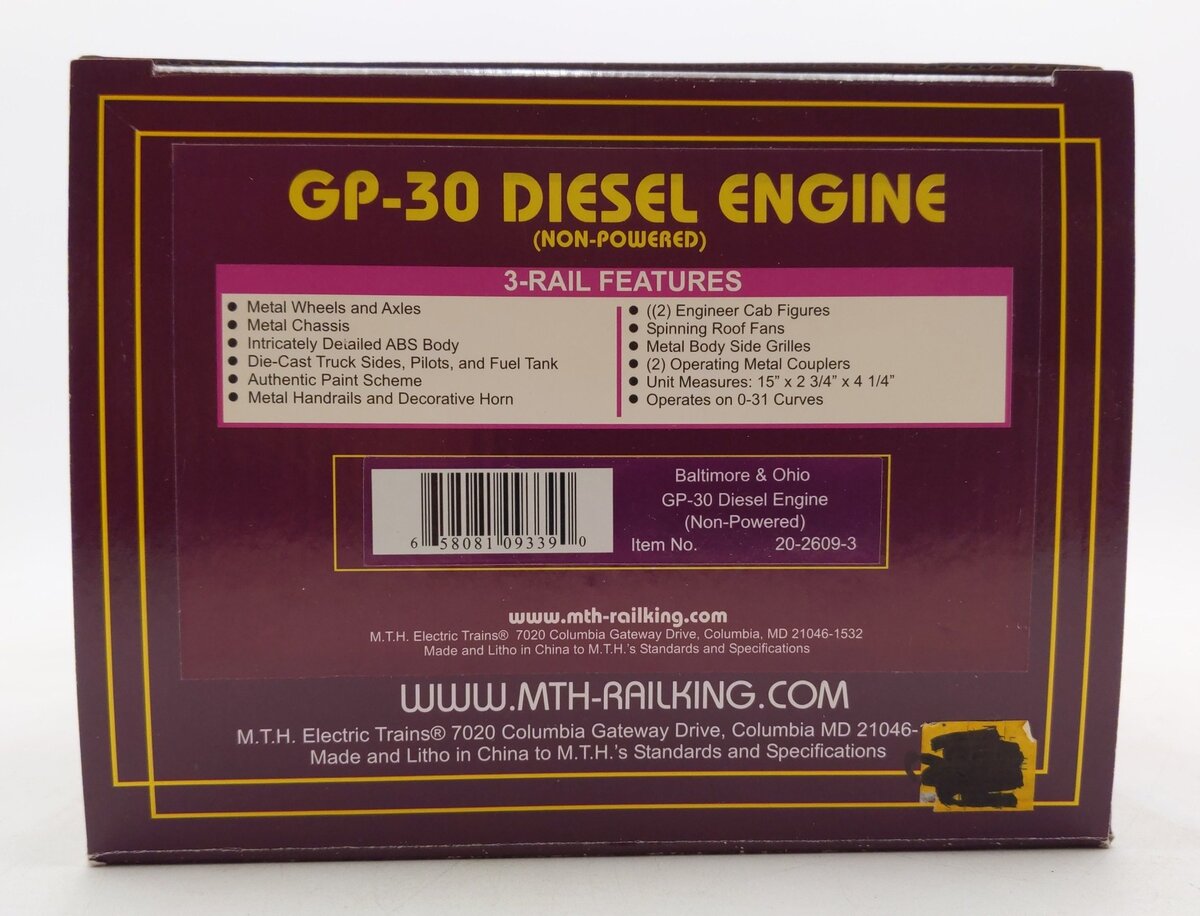 MTH 20-2909-3 O Gauge Baltimore & Ohio GP-30 Diesel Engine (Non-Powered) #6921 EX/Box