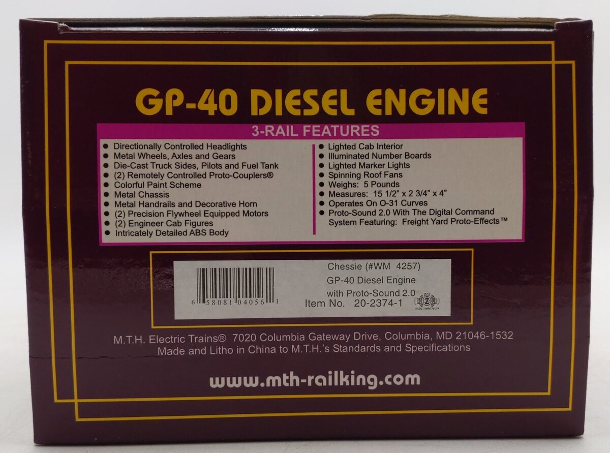 MTH 20-2374-1 O Gauge Weathered Chessie GP-40 Powered Diesel Engine w/PS2 #4257/Box