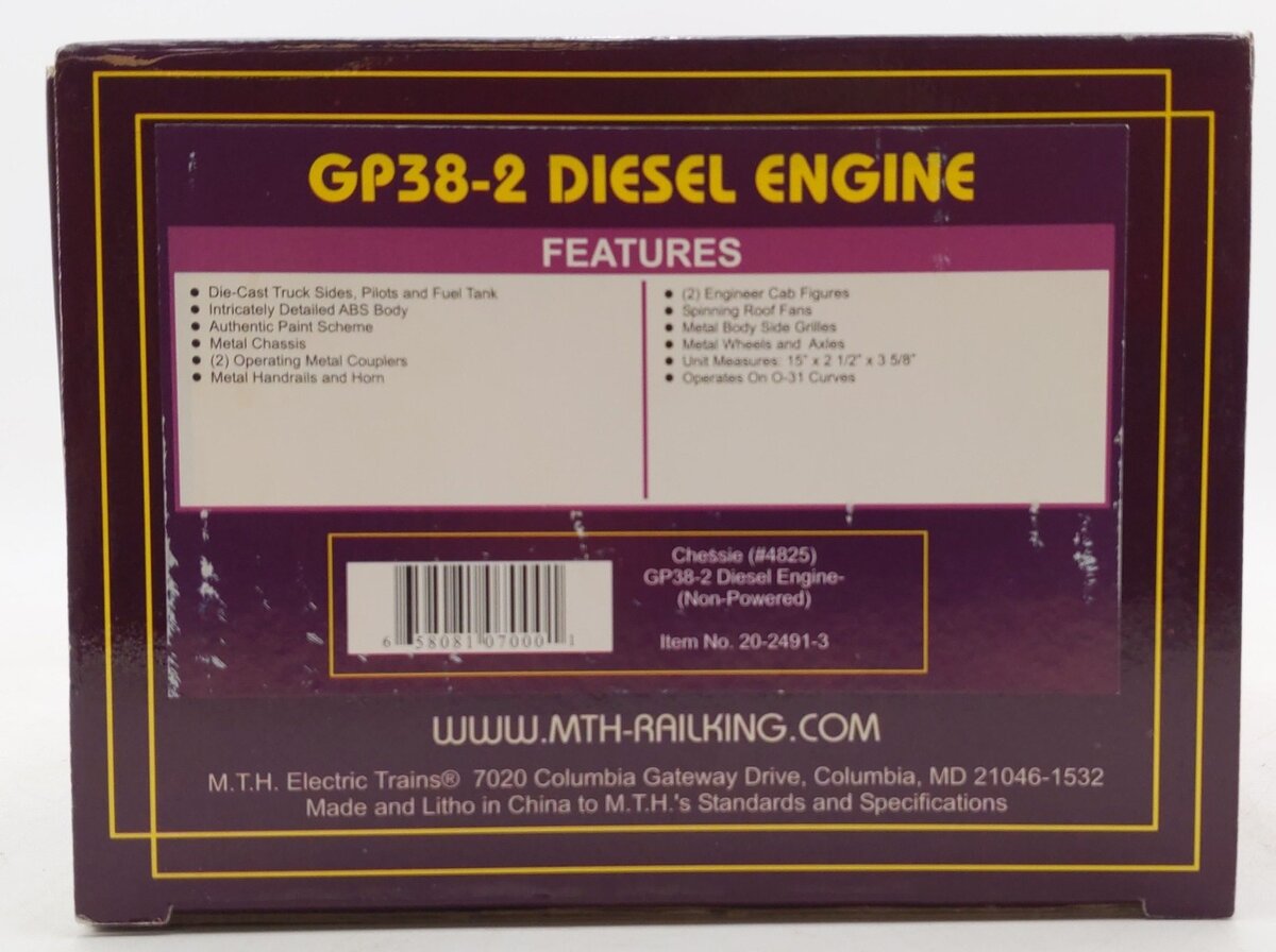 MTH 20-2491-3 Chessie GP38-2 Non-Powered Diesel Engine #4825 EX/Box