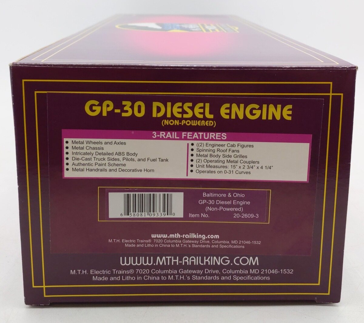 MTH 20-2609-3 O Gauge Baltimore & Ohio GP-30 Diesel Engine (Non-Powered) #6921 EX/Box