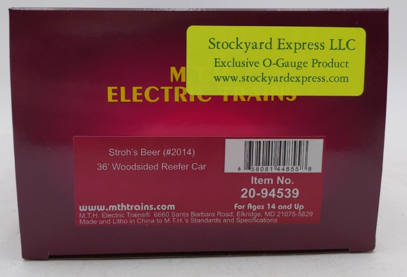 MTH 20-94539 O Gauge Stroh’s Beer 36’ Woodsided Reefer Car #2014 EX/Box