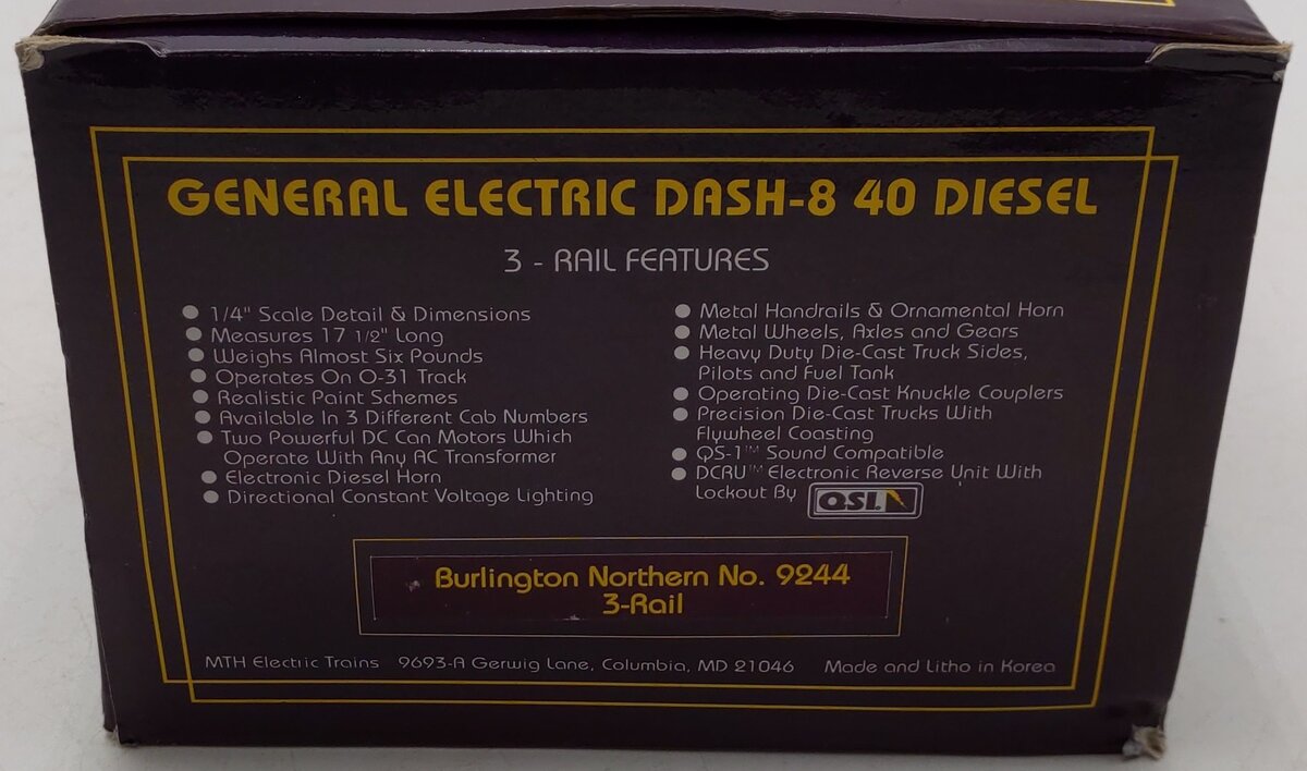 MTH 9244 Burlington Northern Dash-8 Diesel Engine w/Electronic Horn #9244 EX/Box