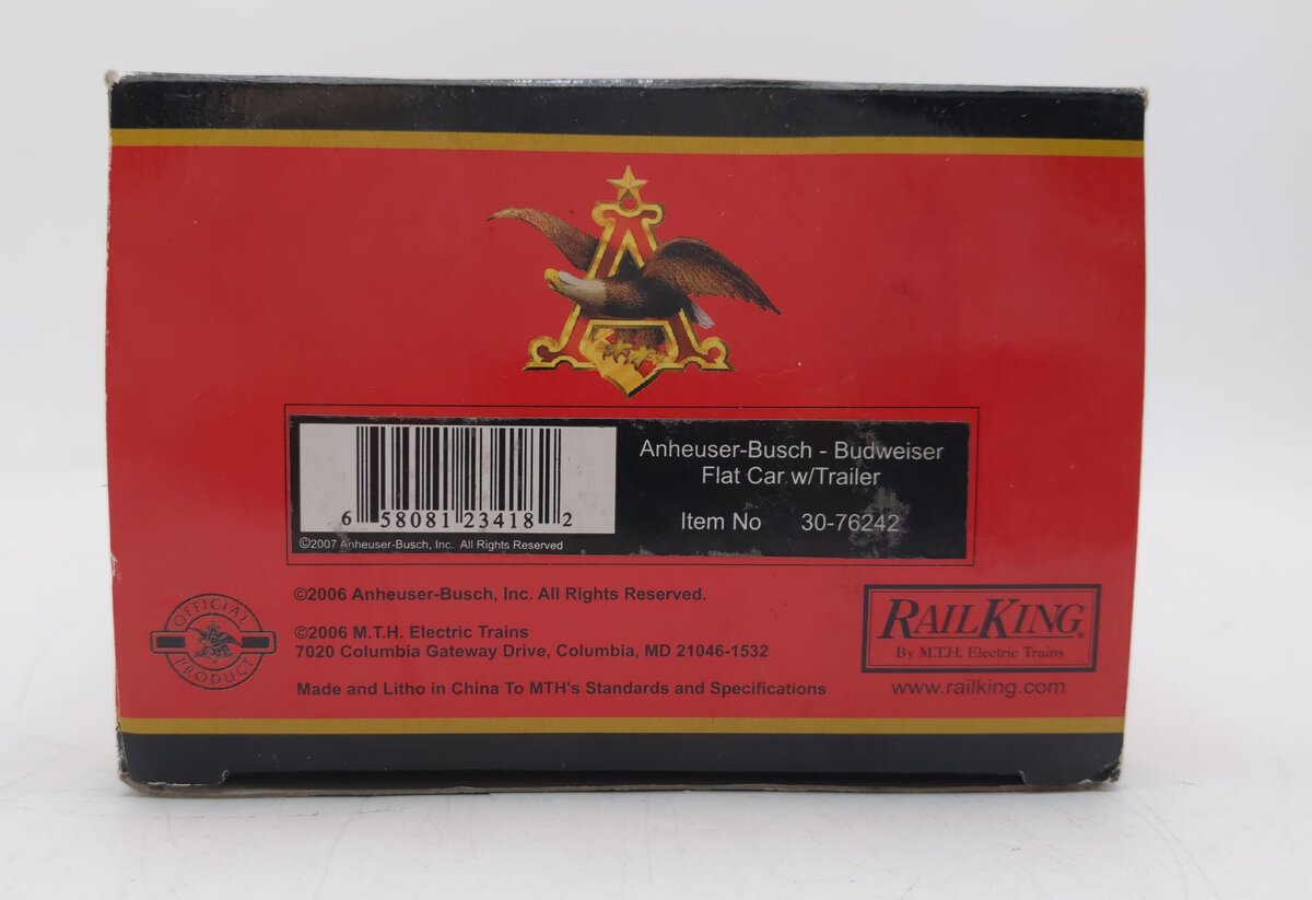 MTH 30-76242 O Gauge Budweiser Flat Car with Trailer LN/Box