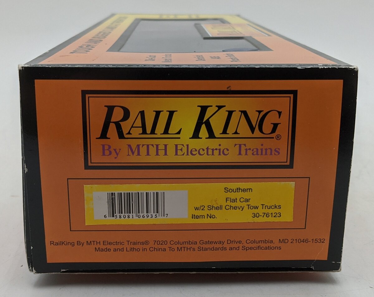 MTH 30-76123 O Gauge Southern Flatcar w/2 Chevy Tow Trucks LN/Box