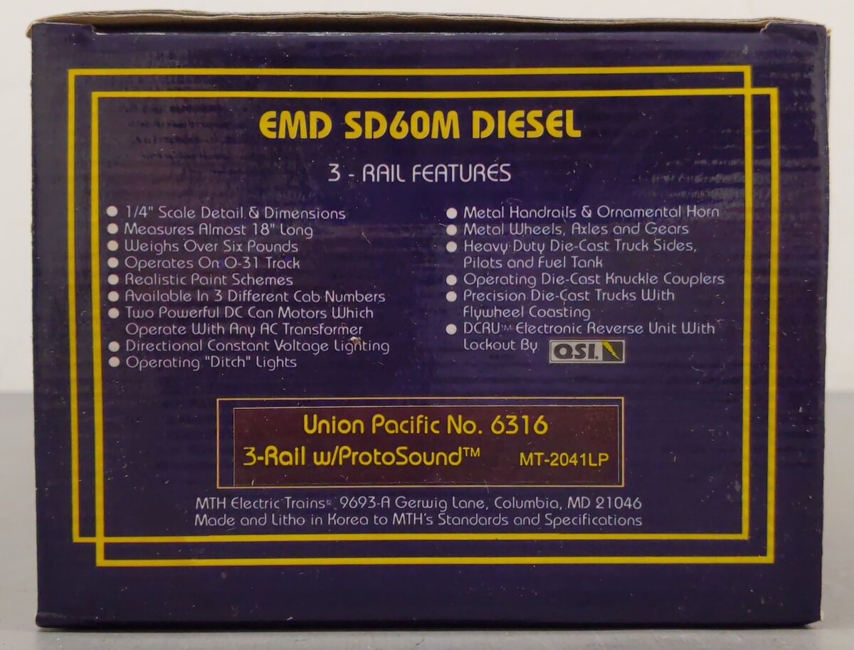 MTH 20-2041-1 O Union Pacific SD60M Diesel Engine w/PS1 #6316 EX/Box