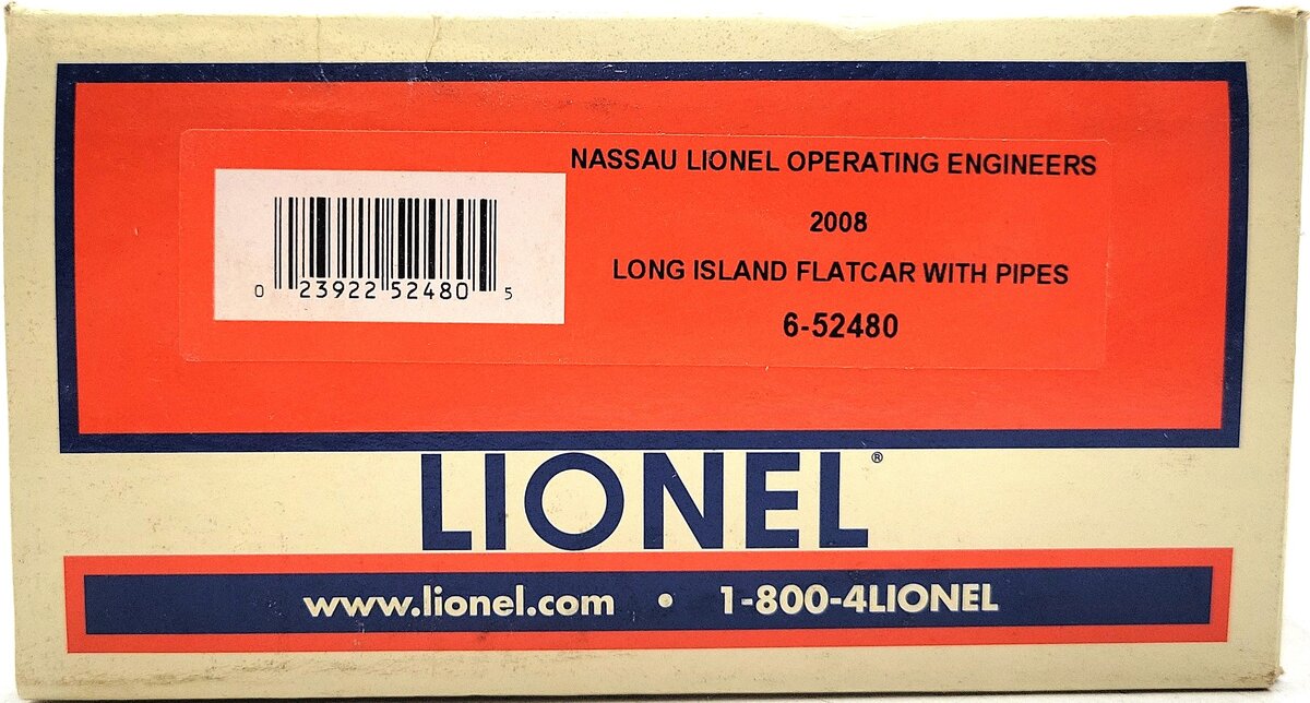 Lionel 6-52480 O Gauge NLOE 2008 Long Island Flatcar w/Pipes LN/Box
