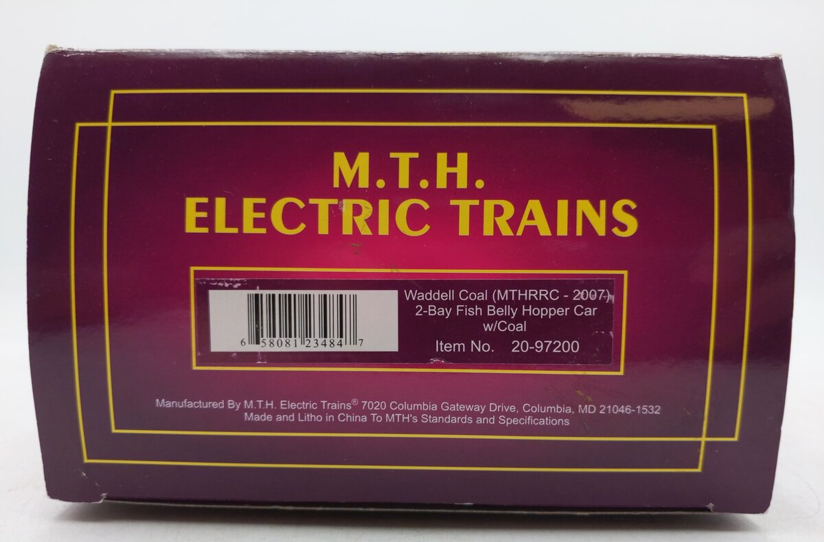 MTH 20-97200 O Waddell Coal MTHRRC 2007 Fish Belly Hopper Car w/Load #107 EX/Box