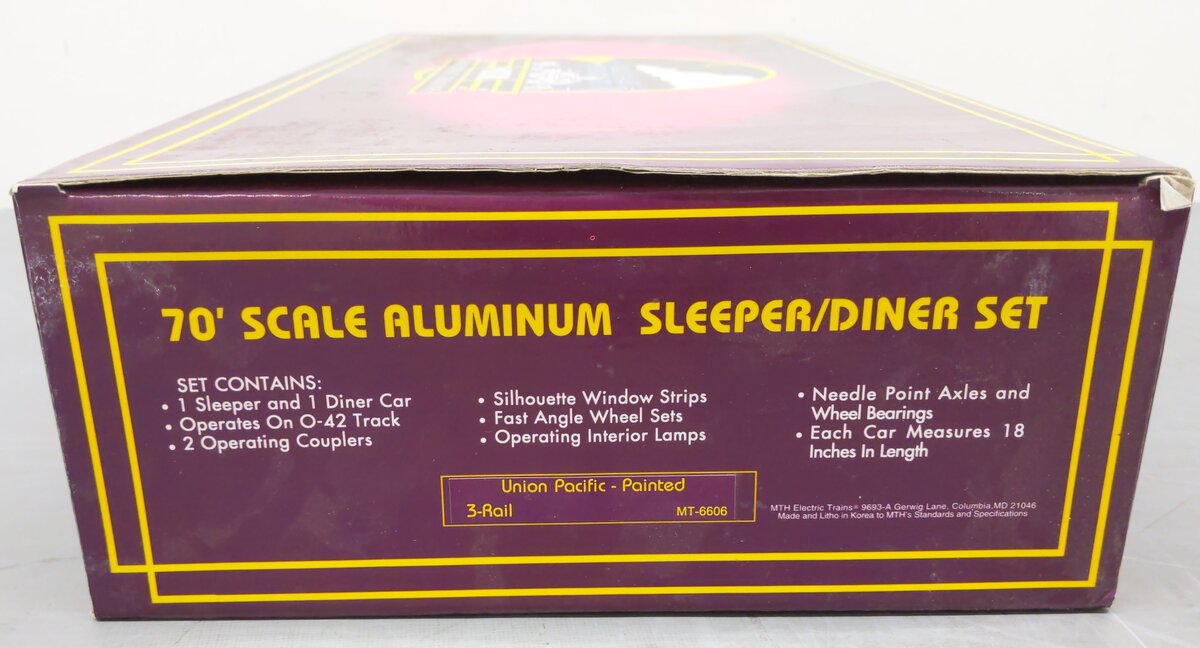 MTH 20-6606 O Gauge Union Pacific 70' Aluminum Slpr/Diner Passenger 2-Car Set EX/Box