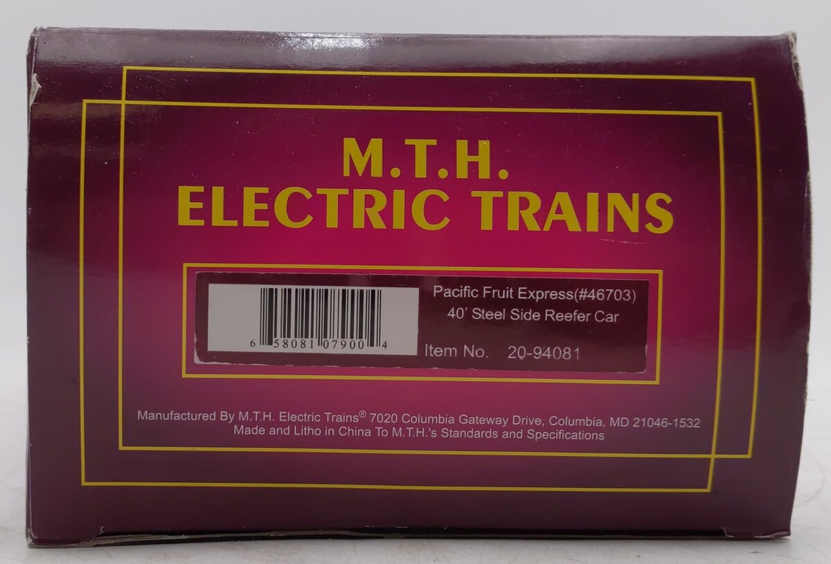 MTH 20-94081 O Gauge Pacific Fruit Express Steel-Sided Refrigerator Car #46703 NIB
