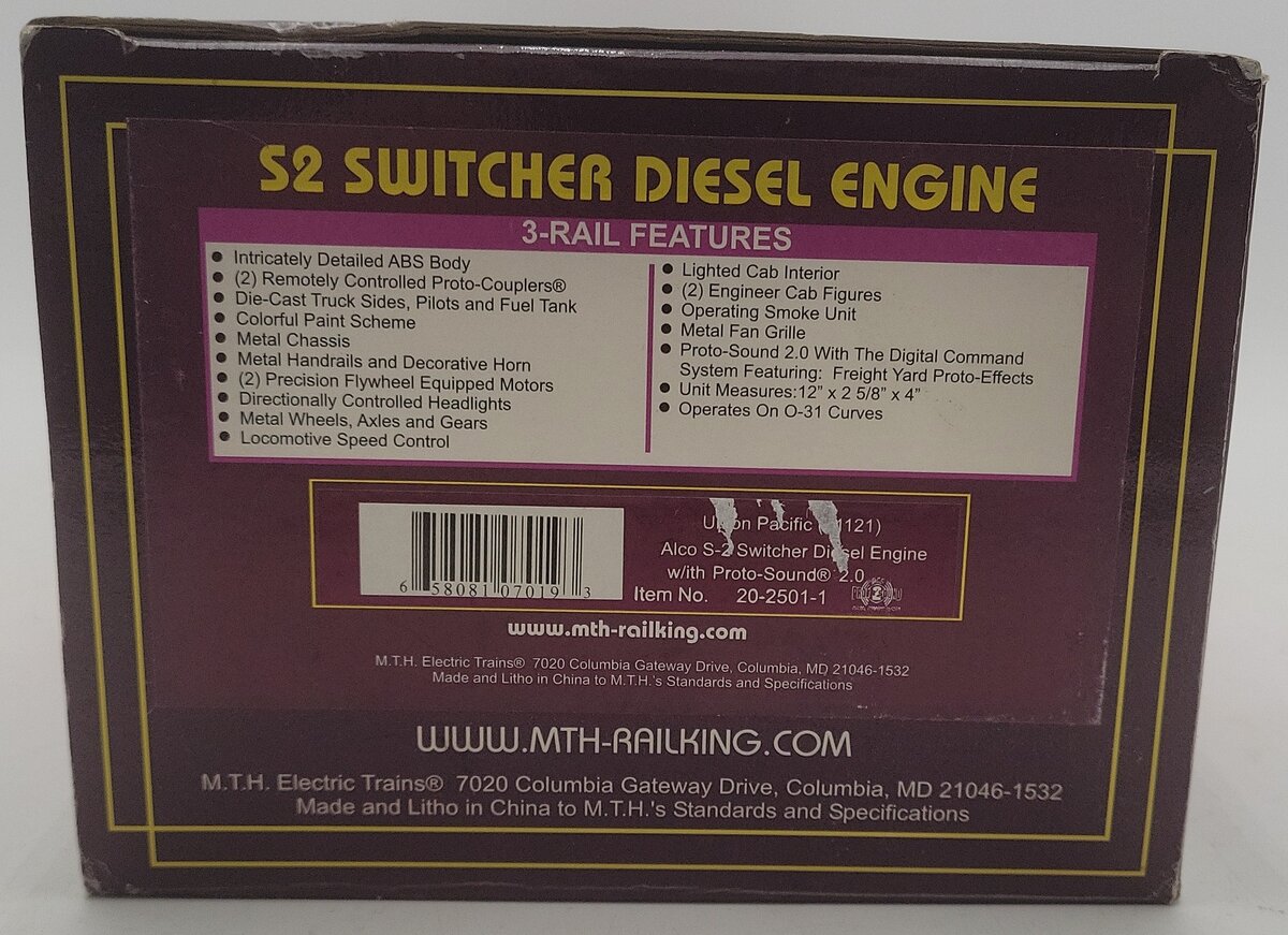 MTH 20-2501-1 O Gauge Union Pacific Alco S-2 Diesel Switcher w/PS2 #1121 VG/Box