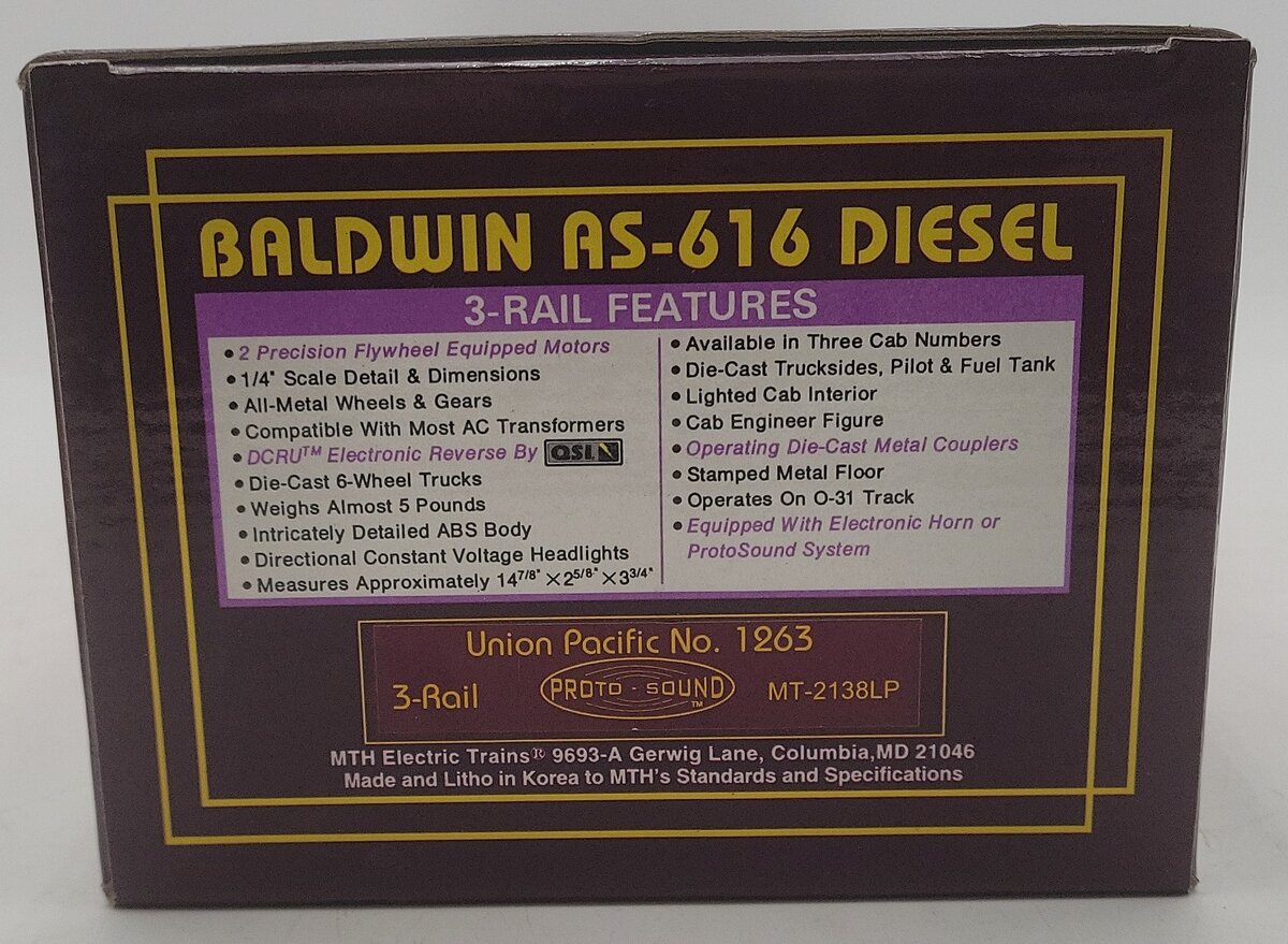 MTH 20-2138-1 O Gauge Union Pacific Baldwin AS-616 Diesel Engine w/PS1 #1263 EX/Box