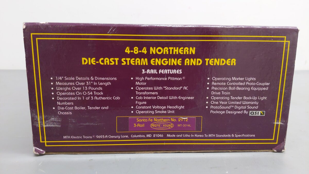 MTH 20-3014-0 Santa Fe 4-8-4 Northern Die-Cast Steam Loco & Tender w/PS1 #2912 EX/Box