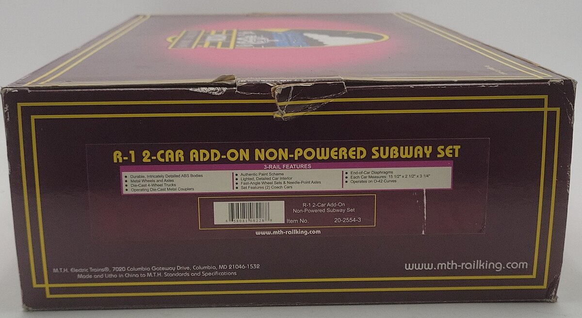 MTH 20-2554-3 O City of New York R-1 2-Car Add-On Non Powered Subway Set EX/Box