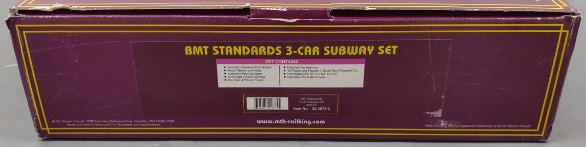 MTH 20-2675-3 O BMT 2500 Series 3-Car Subway Set Add-On Non-Powered (Set of 3) EX/Box