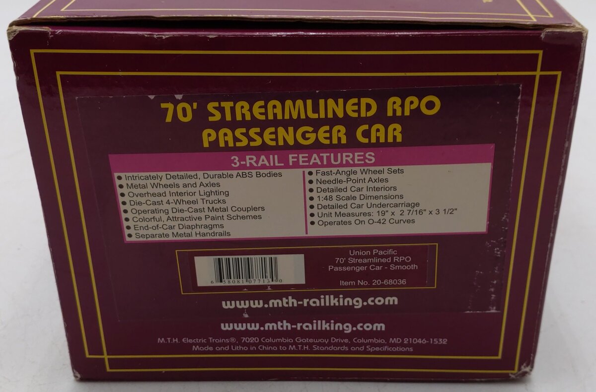 MTH 20-68036 O Gauge Union Pacific 70' ABS RPO Passenger Car #5902 EX/Box