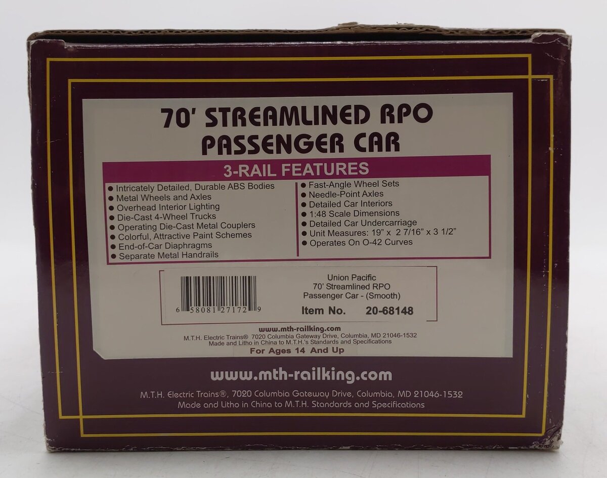 MTH 20-68148 O Gauge Union Pacific 70' ABS RPO Passenger Car (Smooth) #5900 EX/Box