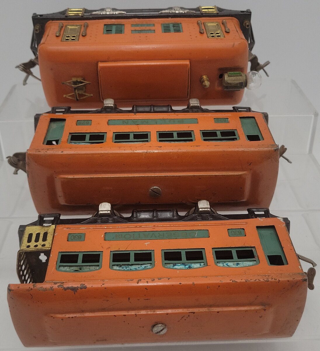 Lionel O Gauge Prewar 248 Electric Locomotive w/ 629 Coach & 630 Observation Car VG