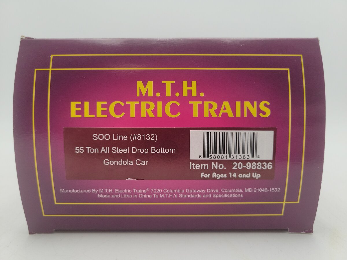 MTH 20-98836 O Gauge SOO Line 55 Ton All Steel Drop Bottom Gondola Car #8132 EX/Box