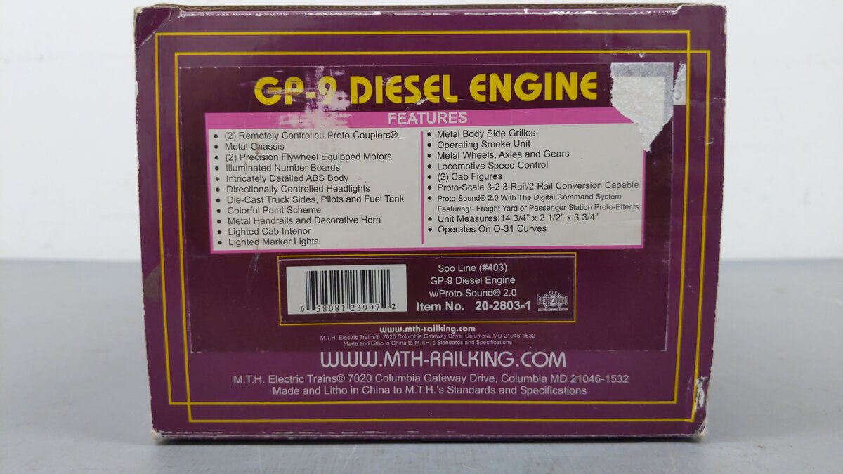 MTH 20-2803-1 Soo Line GP-9 Diesel Engine w/Proto-Sound 2.0 #403 EX/Box
