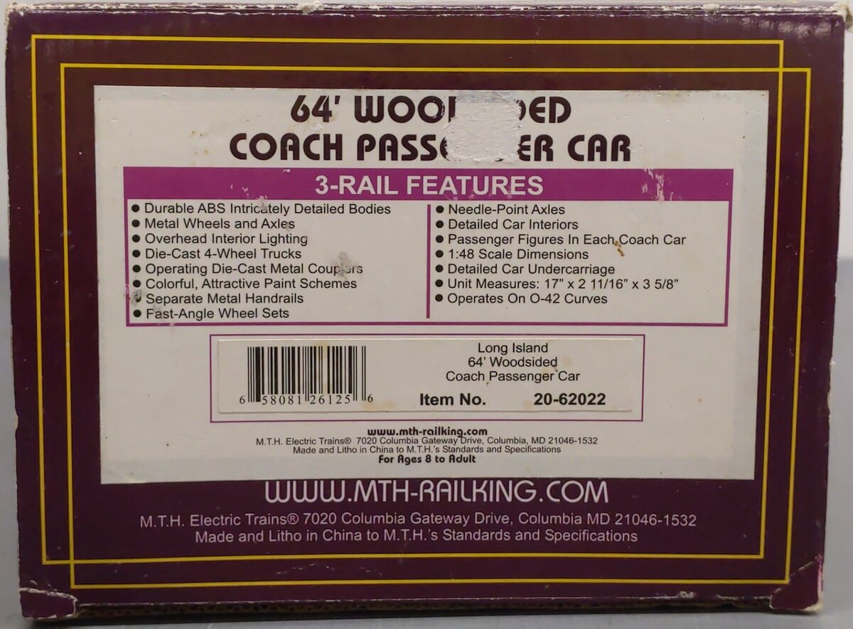 MTH 20-62022 O Gauge Long Island 64’ Woodsided Coach Car EX/Box