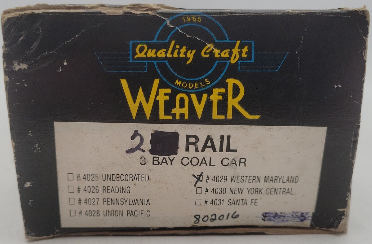 Weaver 4029 O Scale 2-Rail Western Maryland 3 Bay Hopper Car #802016 EX/Box