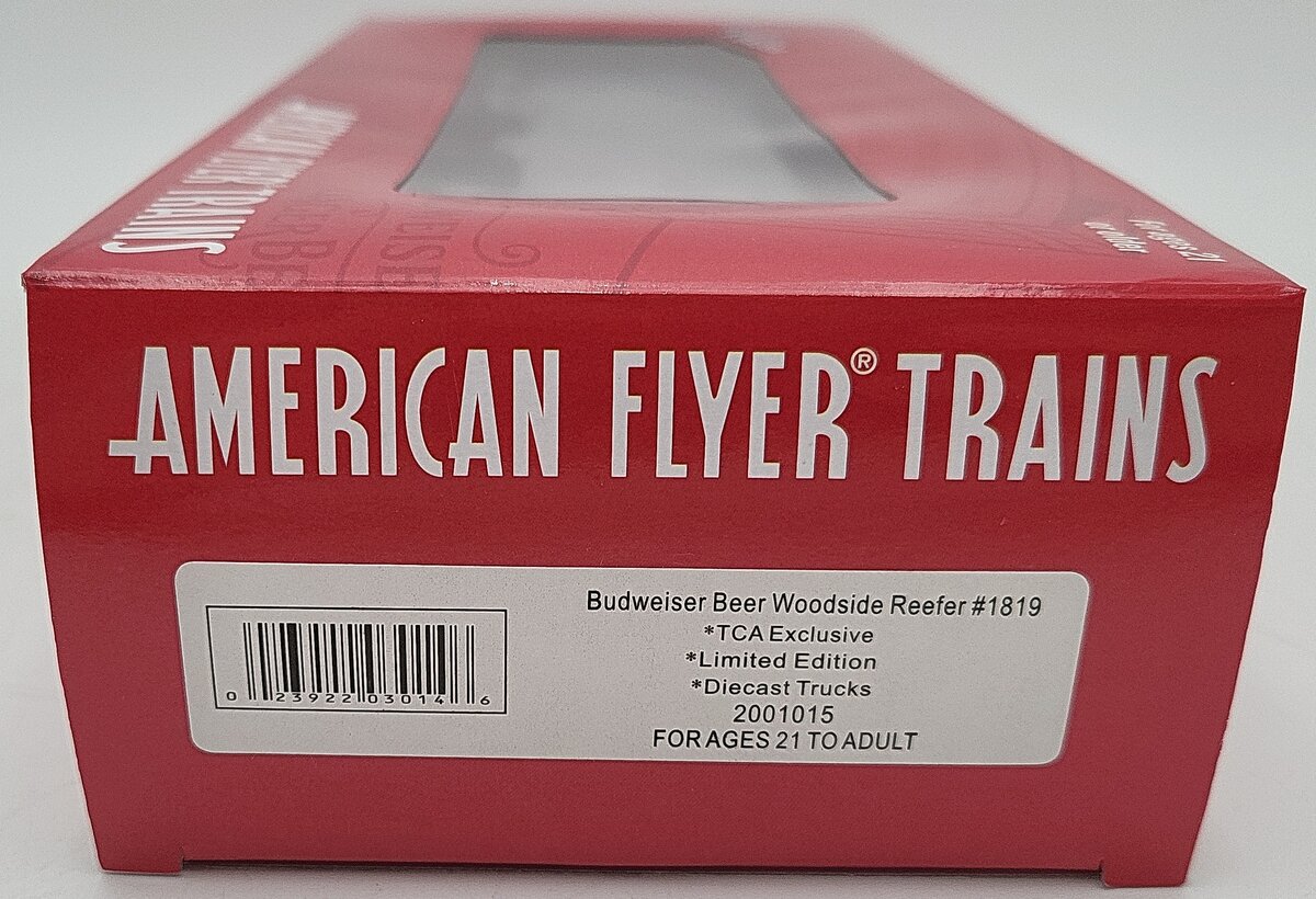 American Flyer 2001015 S Gauge SLRX Budweiser Woodsided Reefer #1819 LN/Box