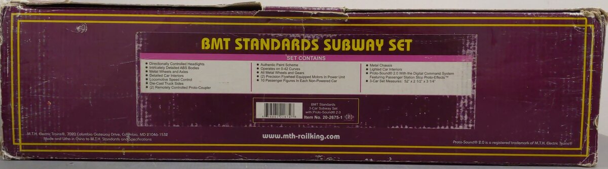 MTH 20-2675-1 O BMT 2500 Series 3-Car Subway Set with Proto-Sound 2.0 (Set of 3) EX/Box